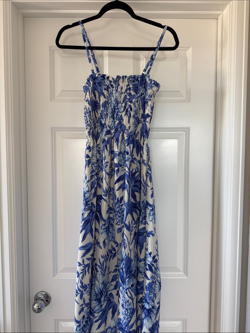 Blue and White Floral Maxi Dress with Smocked Bodice